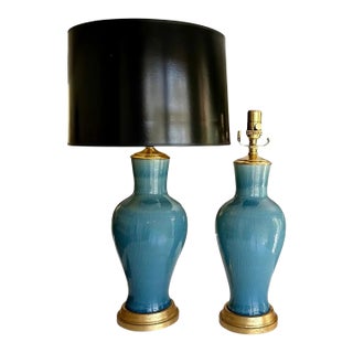 Pair Asian Grayish Blue Porcelain Table Lamps For Sale