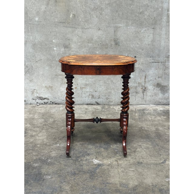 19th C English Burl Walnut Sewing Table Barley Twist Legs 1857 For Sale In San Francisco - Image 6 of 15