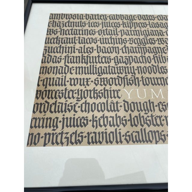 Glass 1980s Julian Waters (B. 1957) Signed Calligraphy "Yum" World Foods Culinary Print, Cooper Union, National Geographic Magazine For Sale - Image 7 of 9