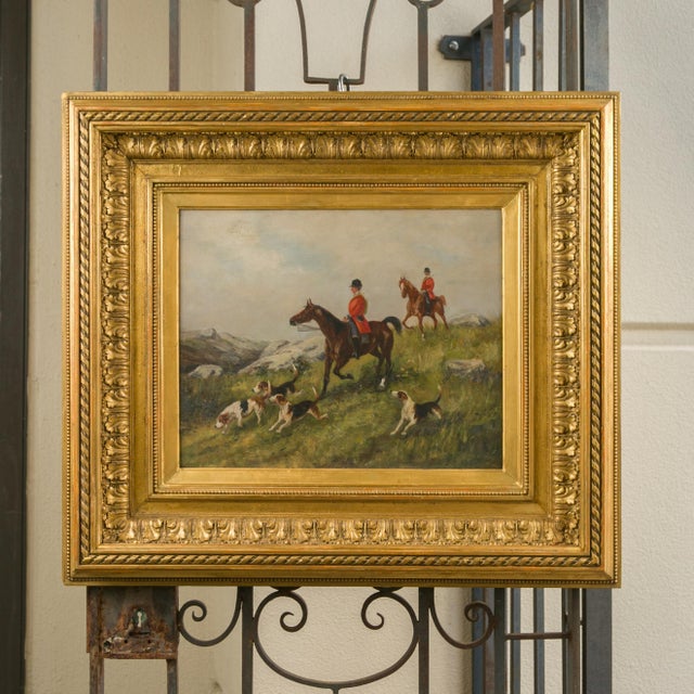 Late 19th Century English 1880s Oil on Board Painting Depicting a Hunting Scene, in Antique Frame For Sale - Image 5 of 12