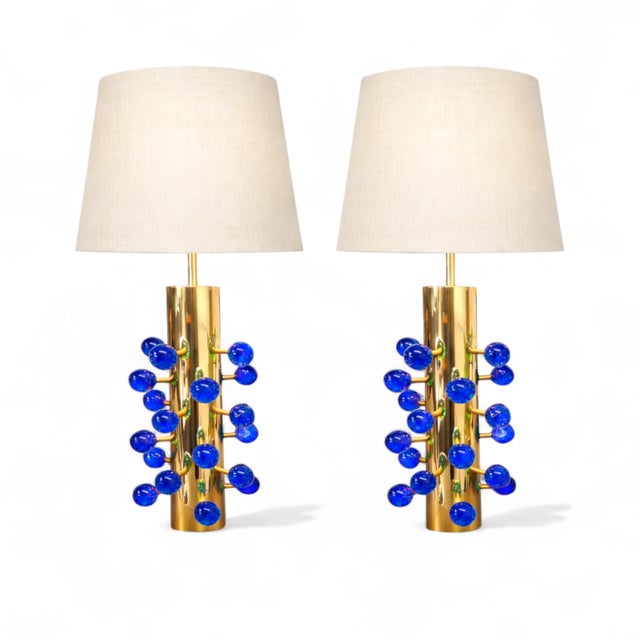 Italian Table Lamps in Brass and Blue Murano Glass from Justfurnituress SRL, Set of 2 For Sale - Image 4 of 11