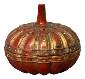 Antique Asian Gourd Form Red Lacquer Box With Gold & Glass Jewels, Hand Carved