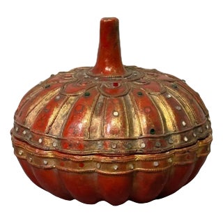 Old Asian Gourd Form Red Lacquer Box With Gold & Glass Jewels, Hand Carved For Sale