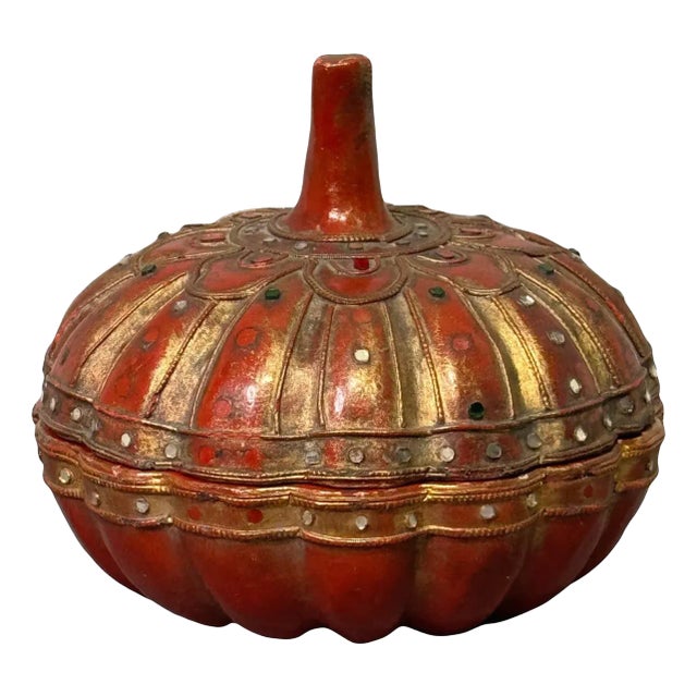 Old Asian Gourd Form Red Lacquer Box With Gold & Glass Jewels, Hand Carved For Sale