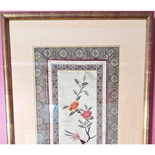 Textile Vintage Framed Chinese Silk Embroidery Panel - Bird & Floral Motif For Sale - Image 7 of 15