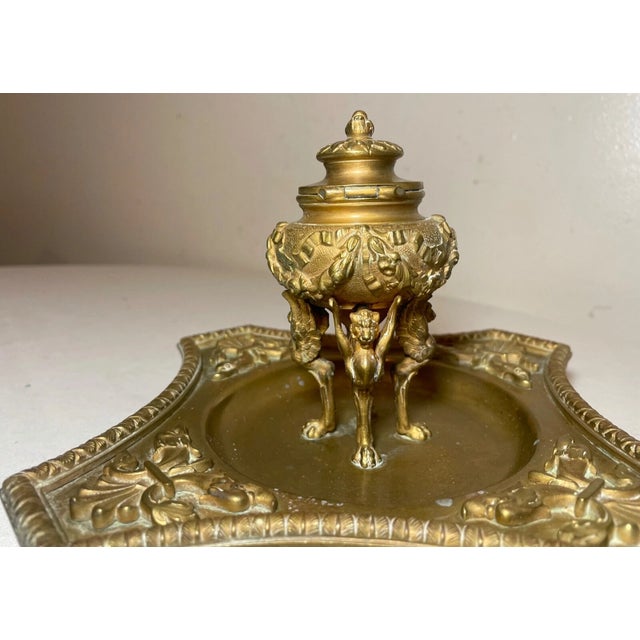 Antique Ornate 1800's Victorian Gilt Bronze Griffin Brass Desk Inkwell Stand Jar For Sale - Image 10 of 17