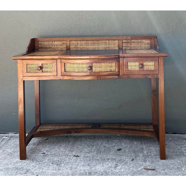 Vintage Woven Rattan and Teak Desk For Sale - Image 10 of 12