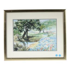 Vintage Framed Watercolor Landscape Painting – Pastoral Scene