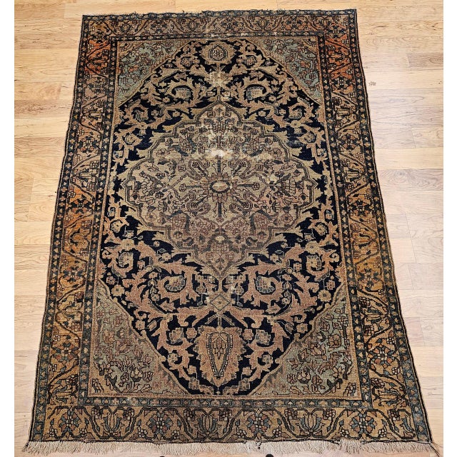 19th Century Persian Farahan Sarouk Rug, Hand-Knotted Wool, Floral Medallion Pattern, Ivory & Navy, 5x6 For Sale - Image 10 of 18