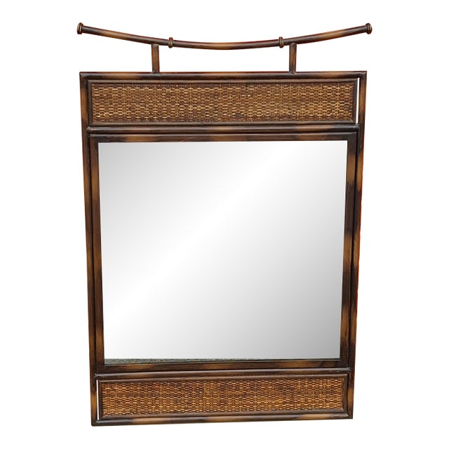 20th Century Pagoda Style Faux Rattan Metal and Wicker Wall Mirror For Sale