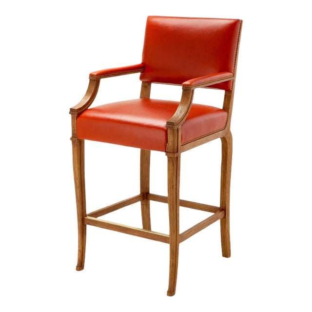 Jerry Pair Leather Upholstered & Rift Oak Lair Barstool From the Madeline Stuart Collection For Sale