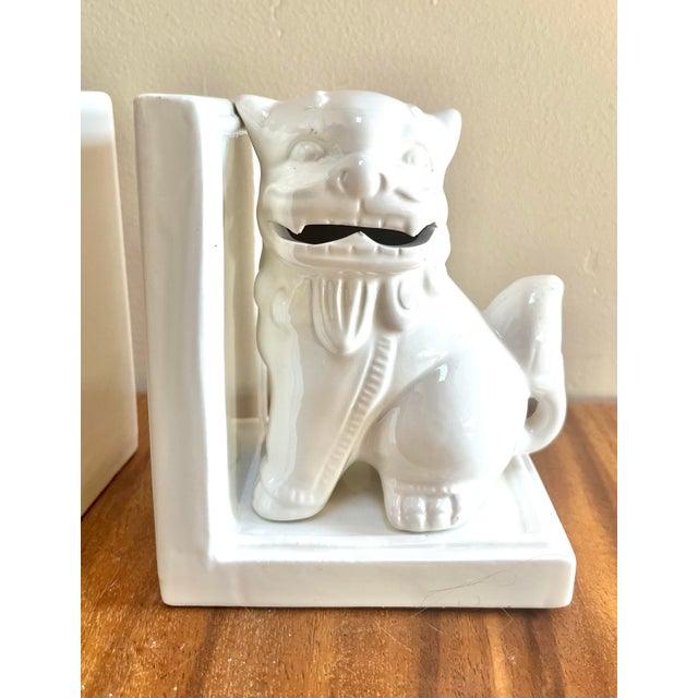 Ceramic Chinoiserie Blanc De Chine White Ceramic Foo Dog Bookends For Sale - Image 7 of 8