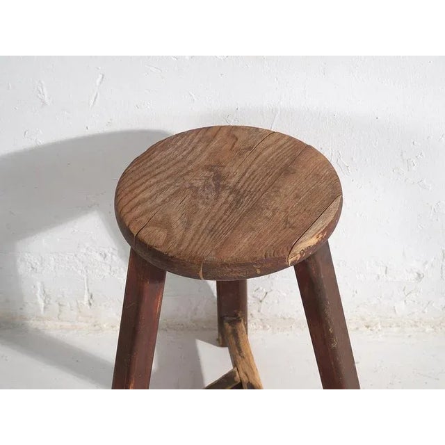 Rustic Vintage Dark Colored Round Stool, 1920 For Sale - Image 3 of 8