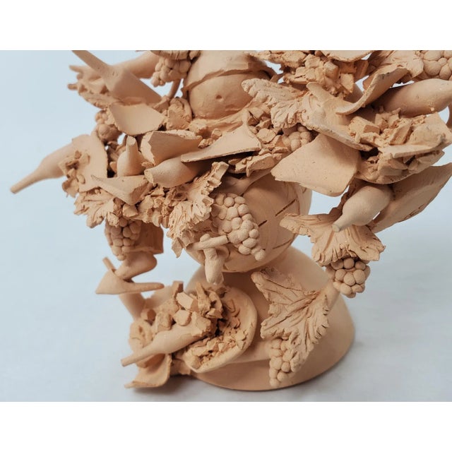2011 Handmade Figurative Tan Clay Figurine, Bacchus - Dionysus With Wine Grapes Barrel For Sale - Image 10 of 13