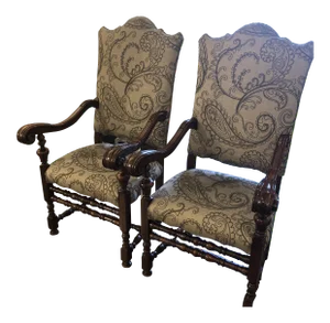 1990s Walnut Carved Louis XIII Style Arm Chair - a Pair