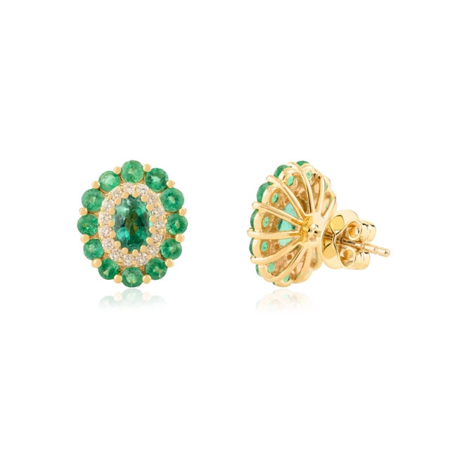2.8 Ct Zambian Emerald Contemporary Stud Earrings With Diamonds in 14k Solid Gold For Sale In New York - Image 6 of 10