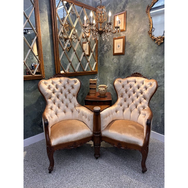 Circa 1870's French made Tête-à-tête" two chairs constructed connecting one another with conjoined lift top box with a...