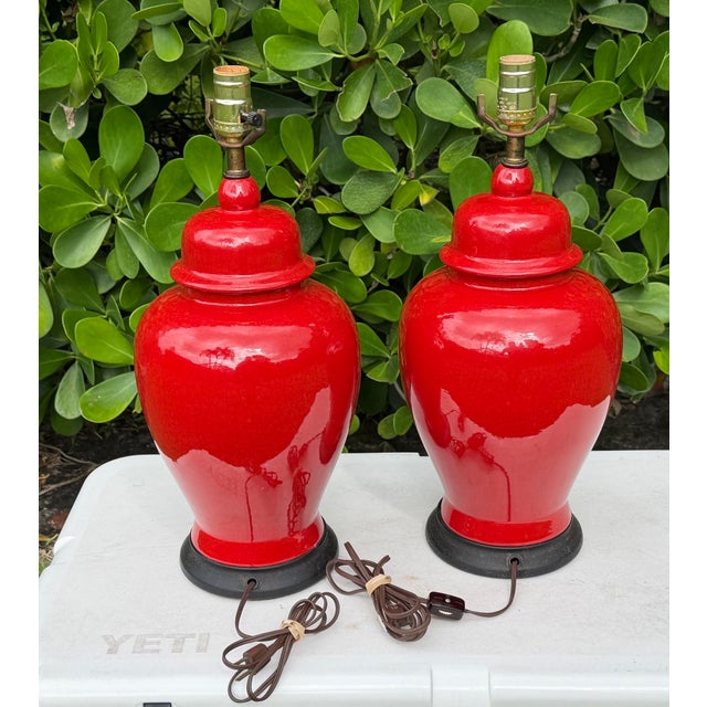 Red Vintage Crackle Glazed Red Ceramic Table Lamps, Pair For Sale - Image 8 of 10