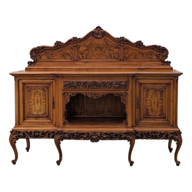 1940s Continental Carved Walnut Sideboard Cabinet With Sculptural Apron For Sale