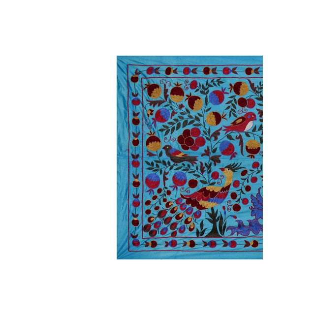 1960s Blue Uzbek Suzani Textile – Peacock, Bird & Floral Motif Wall Art 3'4'' X 6 For Sale - Image 5 of 13