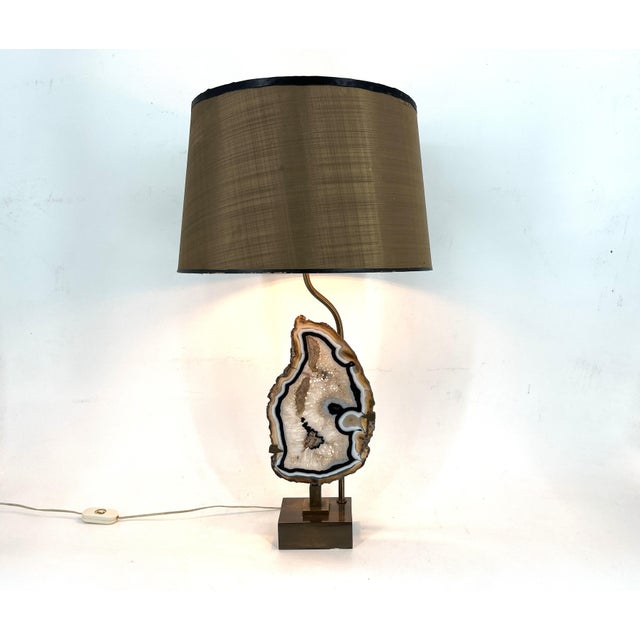 Metal Vintage Brass Agate Slice Table Lamp, 1970s For Sale - Image 7 of 11