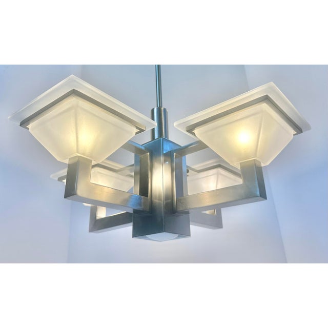 Art Deco Early 21st Century 5-Light Postmodern Mission Style Chandelier in Brushed Nickel Finish For Sale - Image 3 of 10