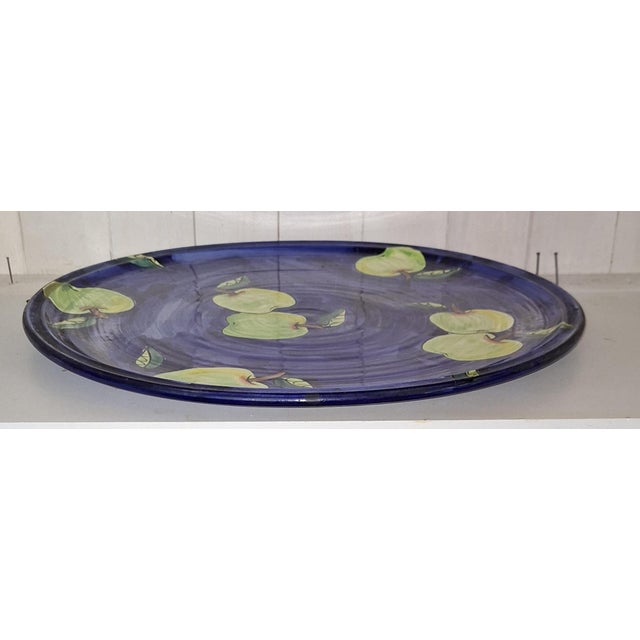 Vintage Italian Ceramic Serving Platter with Yellow-Green Apples on a Blue Background, 1996 For Sale - Image 4 of 7