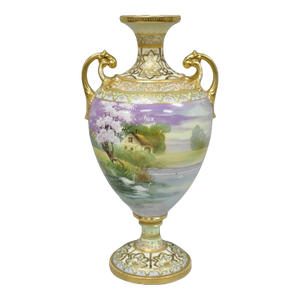 Antique Nippon Hand Painted Cottage Lake Porcelain Twin Handle Bolted Urn Vase