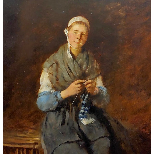 Louis Mettling - Young Woman Knitting -19th Century Genre Oil Painting For Sale - Image 4 of 10