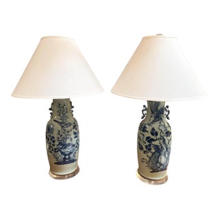 Pair of Antique Chinese Celadon Blue & White Pottery Vases Now Designer Lamps For Sale
