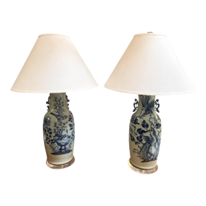 Pair of Antique Chinese Celadon Blue & White Pottery Vases Now Designer Lamps