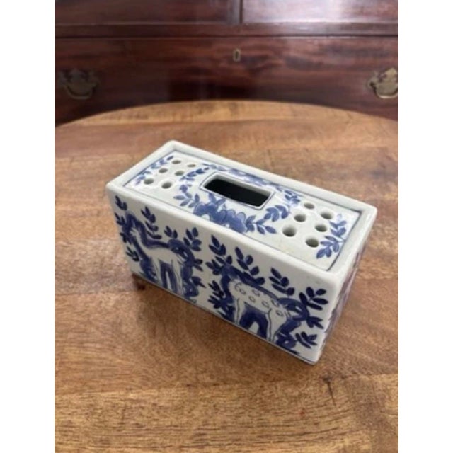 French Country Vintage Mid Twentieth Century Delft Style Blue and White Flower Frog With Animal Motif For Sale - Image 3 of 7
