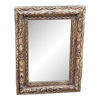 Rectangular Carved Wood Flower Wall Mirror For Sale