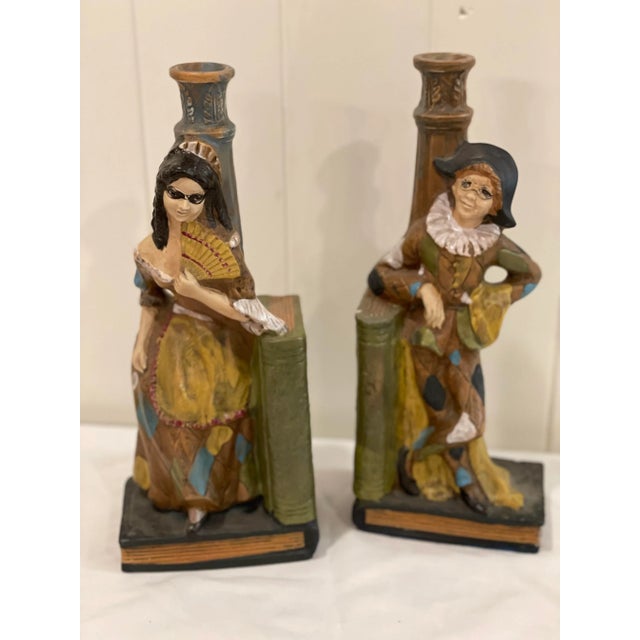 Vintage Ceramic Borghini LaCrima Christi Harlequin Ceramic Wine Decanter Bookends or Candlesticks - Pair For Sale - Image 9 of 12