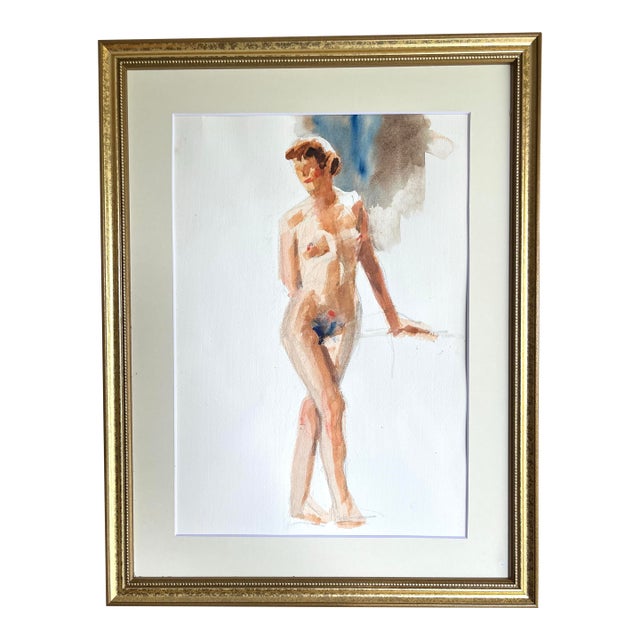 Original Vintage Watercolor Standing Female Nude Model by Harry Barton For Sale