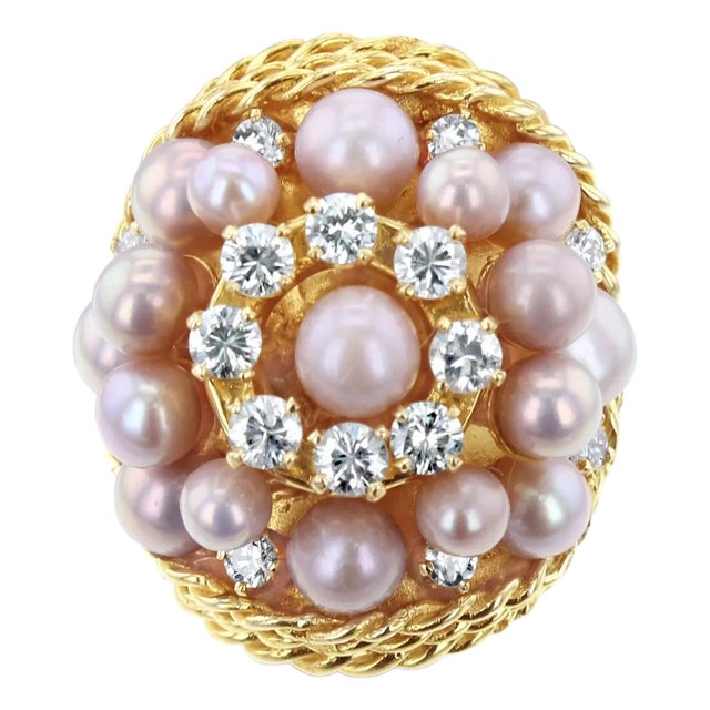 Pink Pearl & Diamond Triple Halo Cocktail Ring with Rope Design, Size 4 For Sale