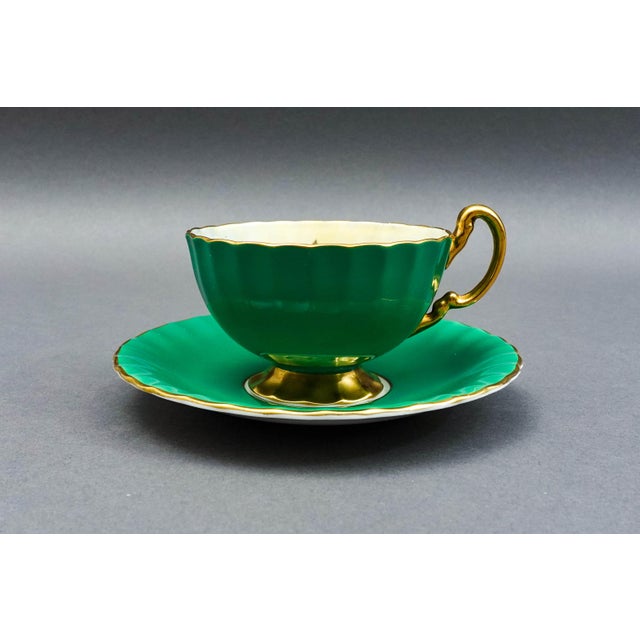 Mid 20th Century Anysley j.a. Bailey Signed Vintage Pink Cabbage Rose Green Gold Tea Cup & Saucer For Sale - Image 5 of 12