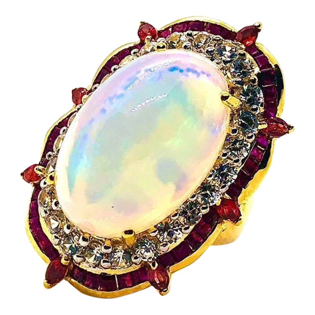 Bochic “Orient” Vintage Art Deco Ruby & Fire Opal Ring Set In 18 K Gold & Silver For Sale