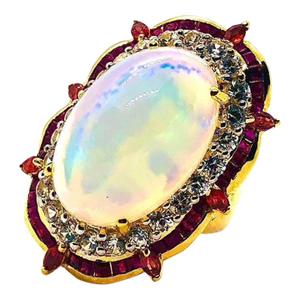 Bochic “Orient” Vintage Art Deco Ruby & Fire Opal Ring Set In 18 K Gold & Silver