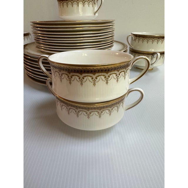 Art Deco 1990s Paragon"ATHENA" Pattern 31pc Dinner Set White and Gold Colors With Banded Border Gold Scrollwork For Sale - Image 3 of 16