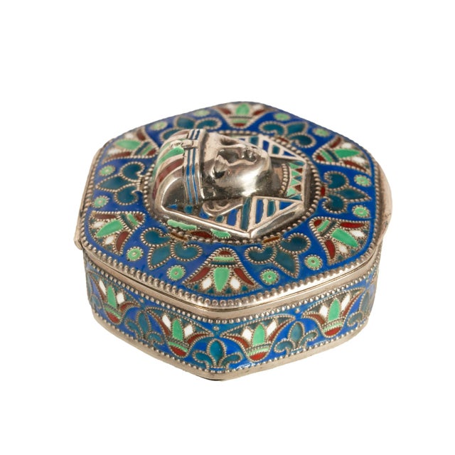 Blue Antique Art Deco King Tut Egyptian Revival Silver Gilt Enamel Cloisonne Box 1925 For Sale - Image 8 of 14