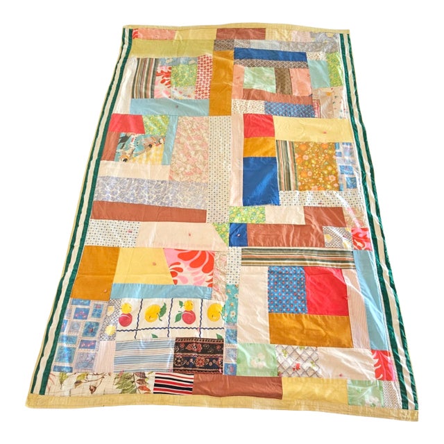 Retro 1960s Handmade Quilt With Vintage Fabric Panels and Velvet Ribbon Trim For Sale