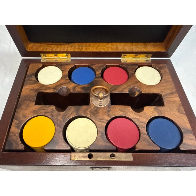 Signed Antique 19th Century Gaming Poker Wood Brass Box Travel Set Clay Chips For Sale - Image 11 of 11