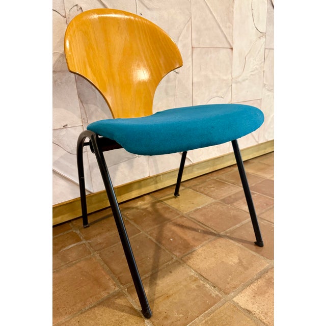 Wood Vintage Postmodern Stacking Chair From Germany’s Kusch+Co, 1980s With Newly Upholstered Teal Faux Mohair Seat For Sale - Image 7 of 12
