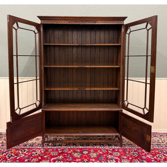 HANDSOME Antique English Jacobean Tiger Oak Bookcase or Display Cabinet with Double Wavy Glass Doors over Double Lower...