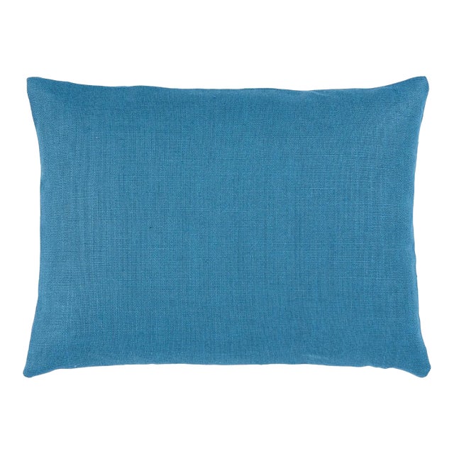 Schumacher Leo Glazed Linen 16" Lumbar Pillow In Peacock For Sale