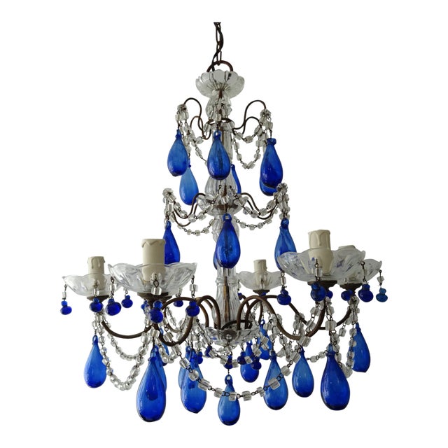 Italian Mouth Blown Cobalt Blue Murano Drops Crystal Swags Chandelier, C 1920 For Sale