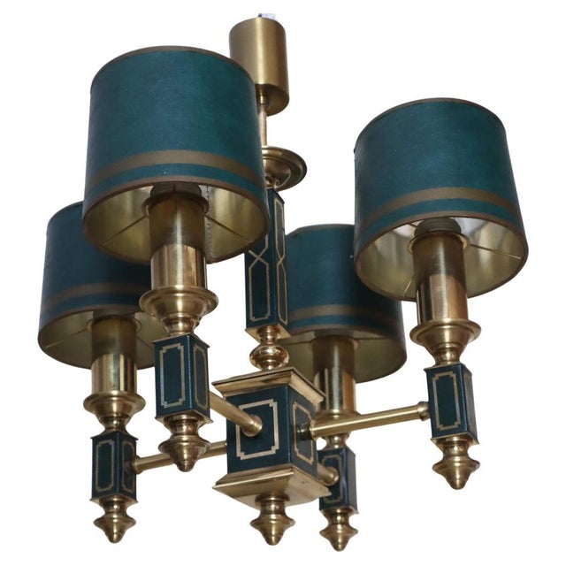 Empire Dark Green Leather and Brass Four-Arm Chandelier, France, 1960s For Sale - Image 18 of 18