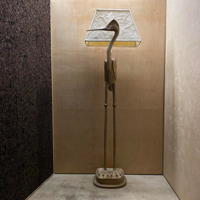 Exquisite post modern sculptural wood crane floor lamp with cerused and subtle gold leafing details. Crinkled paper lamp...