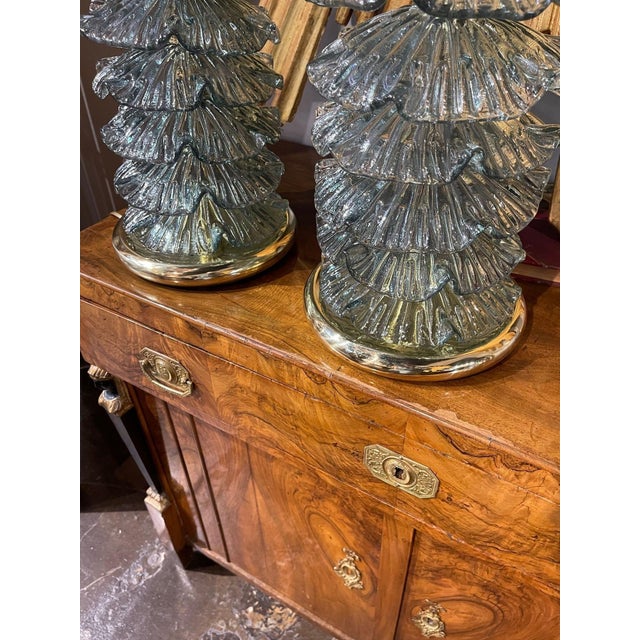 Early 21st Century Pair of Modern Murano Ruffle Glass Lamps in Fontina Green For Sale - Image 5 of 6